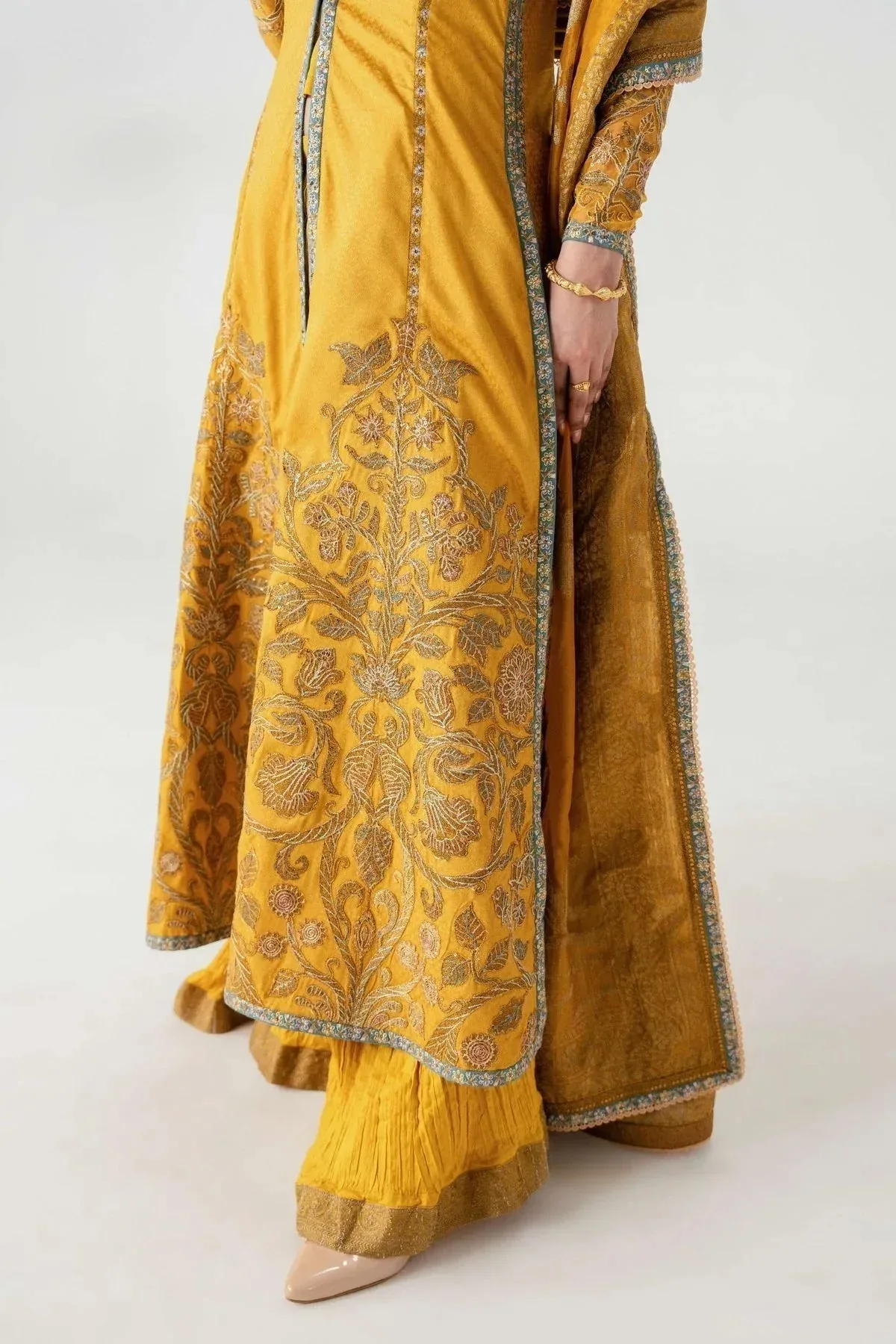 Fahad Hussayn Jalsa Ghar Mustard Yellow Banarsi – view 4 – Poshaq