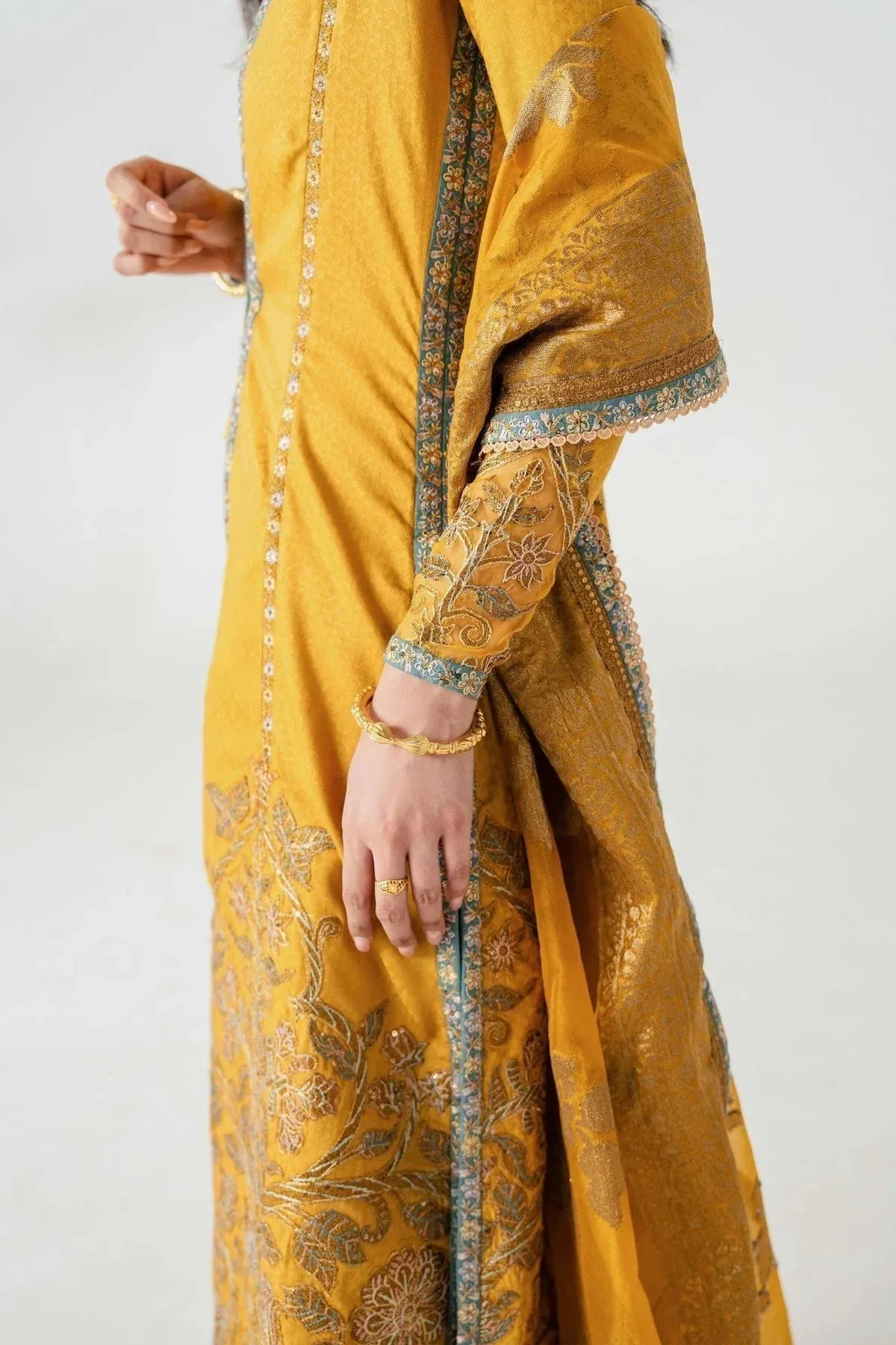 Fahad Hussayn Jalsa Ghar Mustard Yellow Banarsi – view 5 – Poshaq