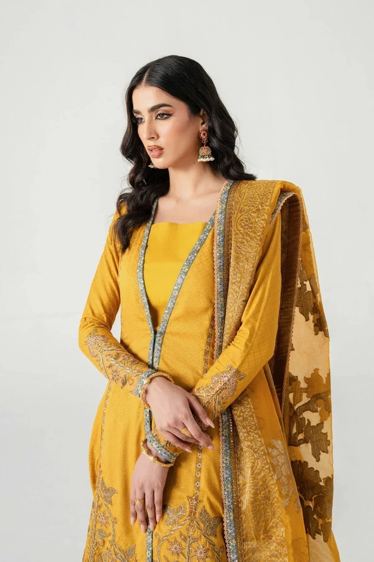 Fahad Hussayn Jalsa Ghar Mustard Yellow Banarsi – view 7 – Poshaq