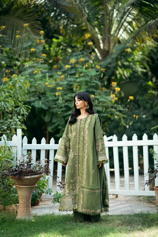 Olive green long open shirt with embroidered borders and pallu – view 1 – Poshaq