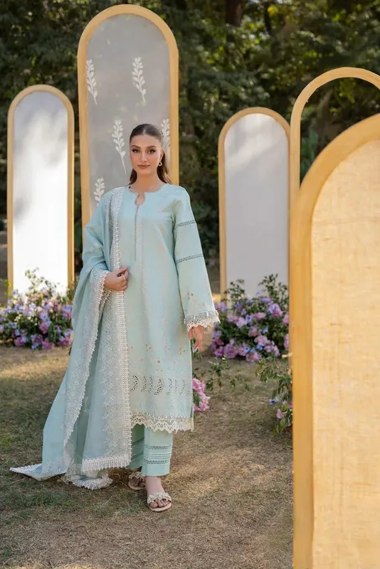 Florent Chikankari Eid 25 Light Ferozi Cambric – view 1 – Poshaq