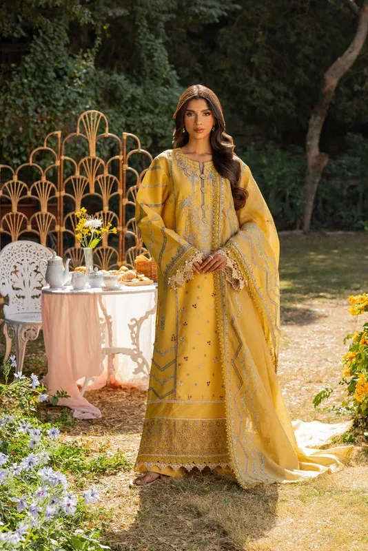 Florent Chikankari Eid 25 Mustard Yellow Organza – view 1 – Poshaq