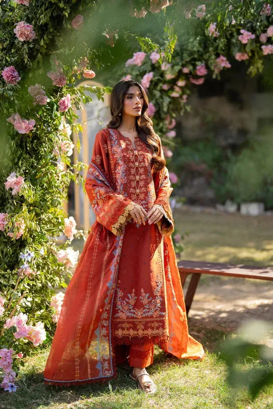 Florent Chikankari Eid 25 Red Cambric – view 1 – Poshaq