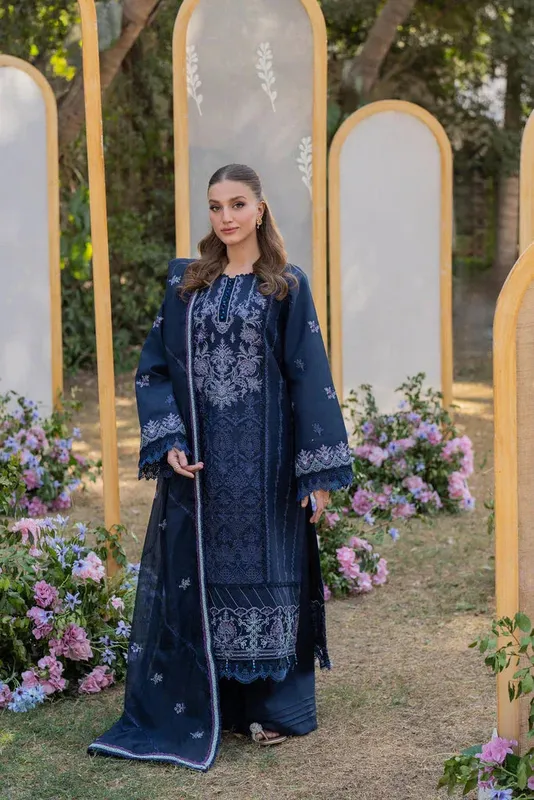 Florent Chikankari Eid 25 Navy Blue Cambric – view 1 – Poshaq