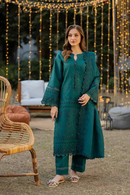 Florent Chikankari Eid 25 Dark Teal Green Cambric – view 1 – Poshaq
