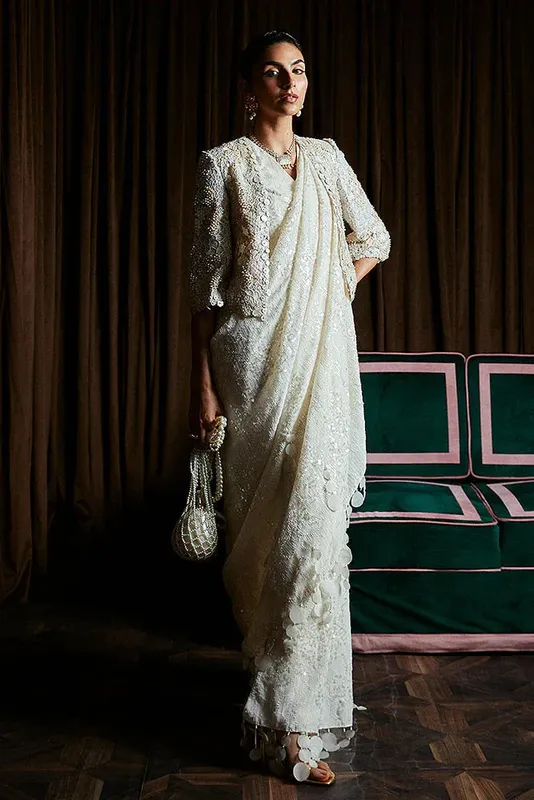 Cream organza draped dress with twin‑sequin detail – view 1 – Poshaq