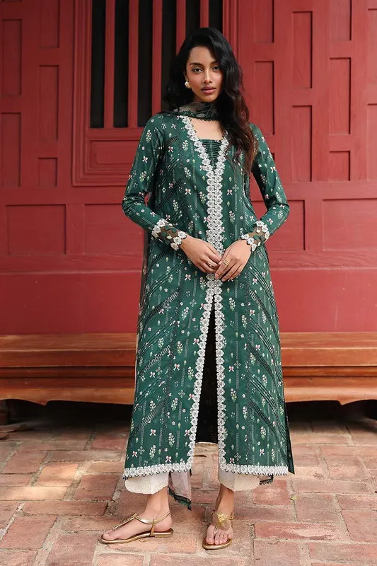 Qalamkar Q Prints 26 Emerald Green Chiffon – view 1 – Poshaq