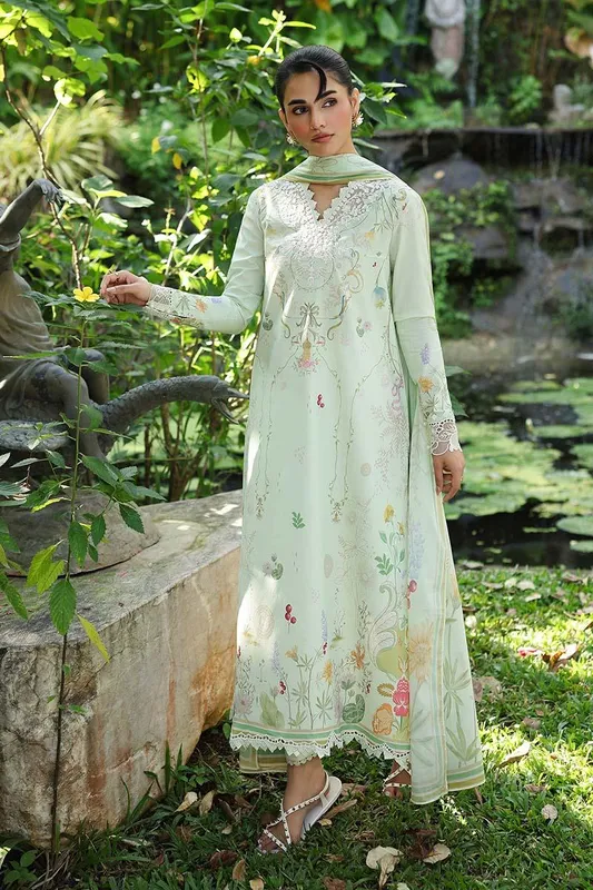 Qalamkar Q Prints 26 plae mint green Lawn – view 1 – Poshaq