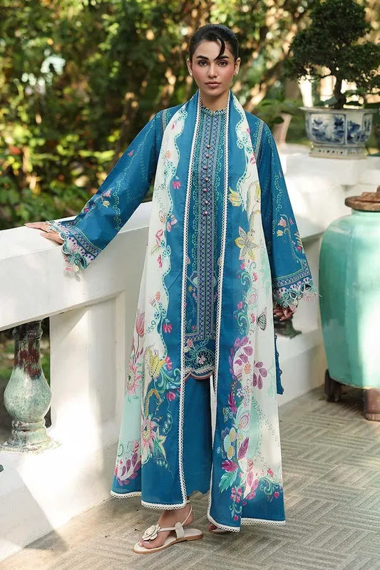 Qalamkar Q Prints 26 Teal Blue Lawn – view 1 – Poshaq