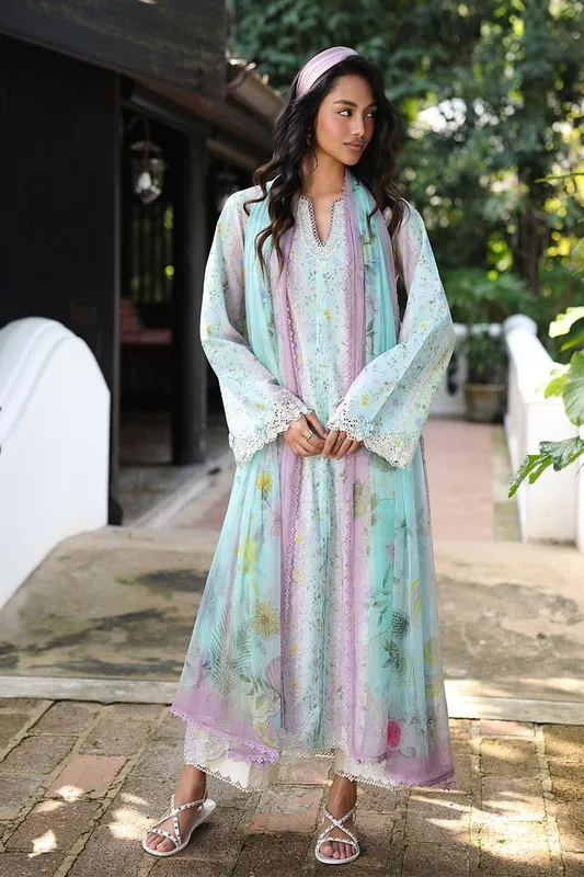 Qalamkar Q Prints 26 Pale Aqua Chiffon – view 1 – Poshaq