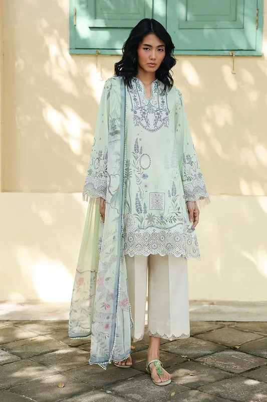 Qalamkar Q Prints 26 plae mint green Chiffon – view 1 – Poshaq