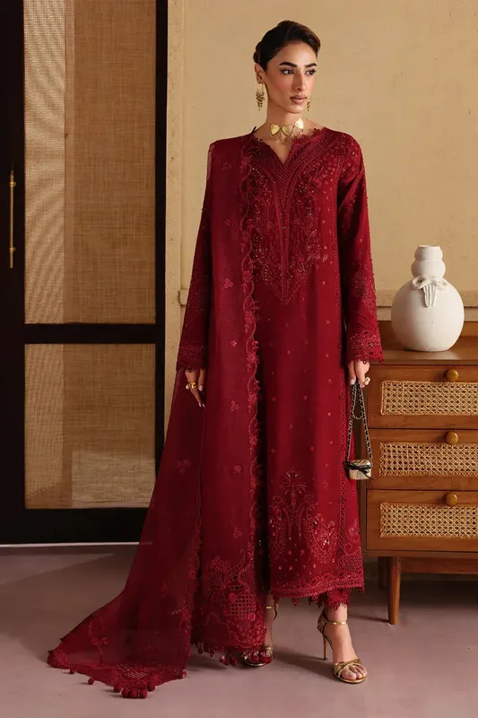 Qalamkar Luxury Pret 25 Maroon Raw Silk – view 1 – Poshaq