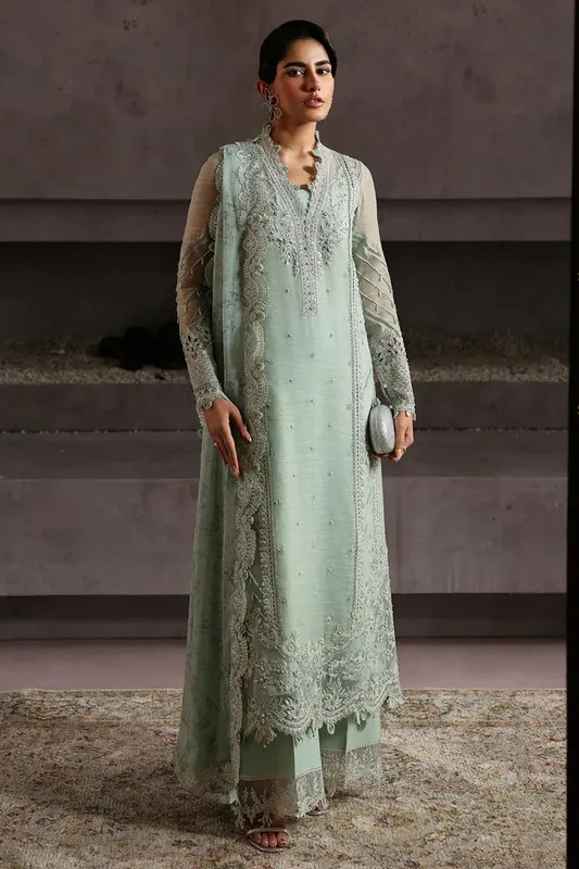 Qalamkar Luxury Pret 25 Mint Green Raw Silk – view 1 – Poshaq