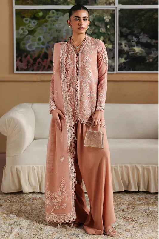 Qalamkar Luxury Pret 25 Peach Pink Raw Silk – view 1 – Poshaq