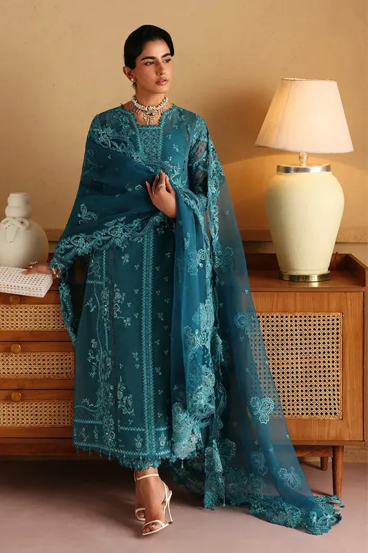 Qalamkar Luxury Pret 25 Teal Blue Raw Silk – view 1 – Poshaq