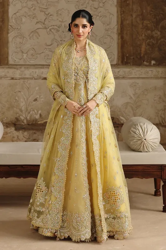 Qalamkar Shadmaani Formals 25 Pale Yellow Raw Silk – view 1 – Poshaq