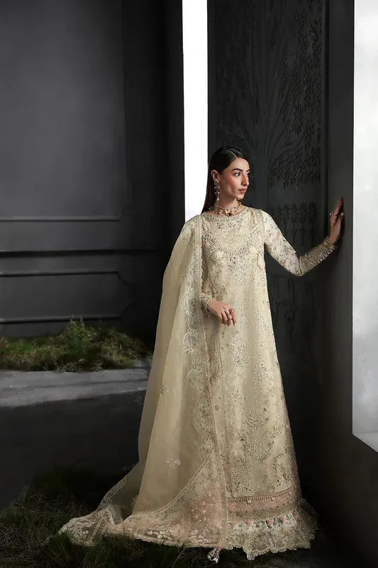 Qalamkar Elirah Formals 25 ivory gold Organza – view 1 – Poshaq