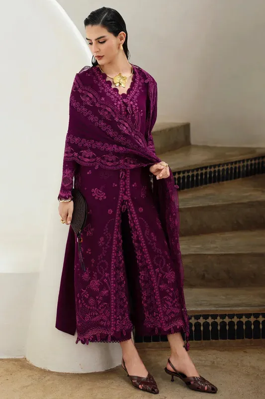Qalamkar Q Linen 25 Pinkish Purple Chiffon – view 1 – Poshaq