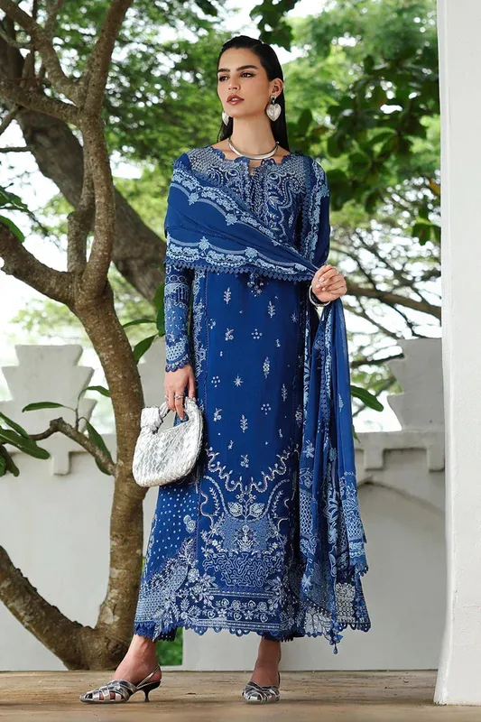 Qalamkar Q Linen 25 Blue Chiffon – view 1 – Poshaq