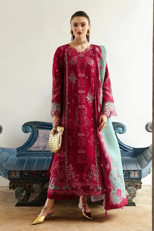 Qalamkar Q Linen 25 Rouge Pink Jacquard – view 1 – Poshaq