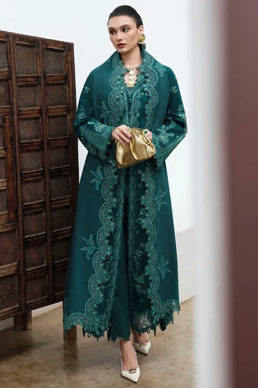 Qalamkar Q Linen 25 Teal Green Karandi – view 1 – Poshaq