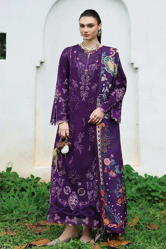 Qalamkar Q Linen 25 Purple Jacquard – view 1 – Poshaq