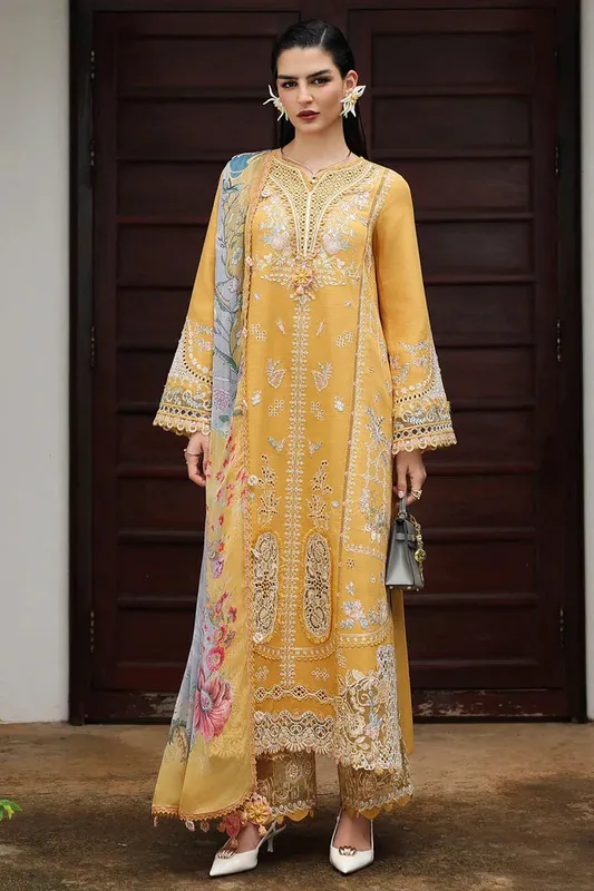 Qalamkar Q Linen 25 Yellow Chiffon – view 1 – Poshaq