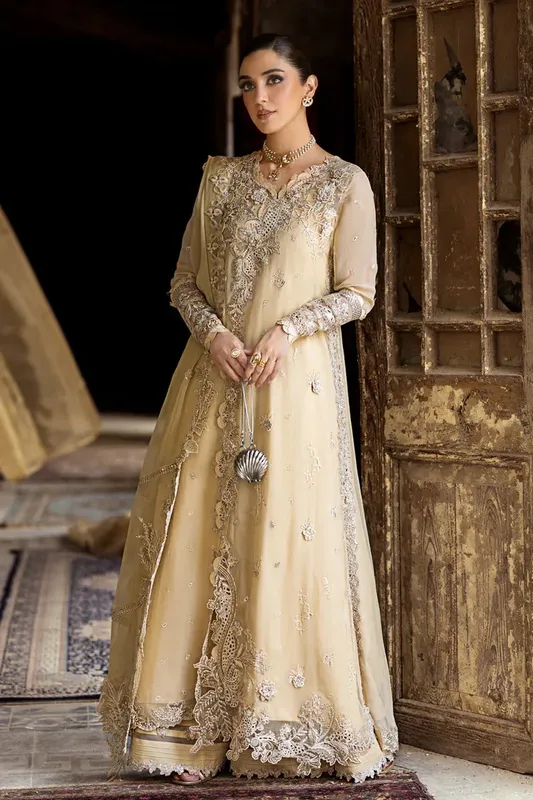 Qalamkar Chiffon Edit ivory gold Raw Silk – view 1 – Poshaq