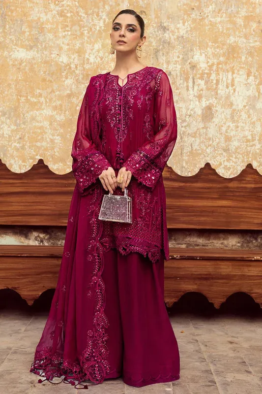 Qalamkar Chiffon Edit berry red Raw Silk – view 1 – Poshaq