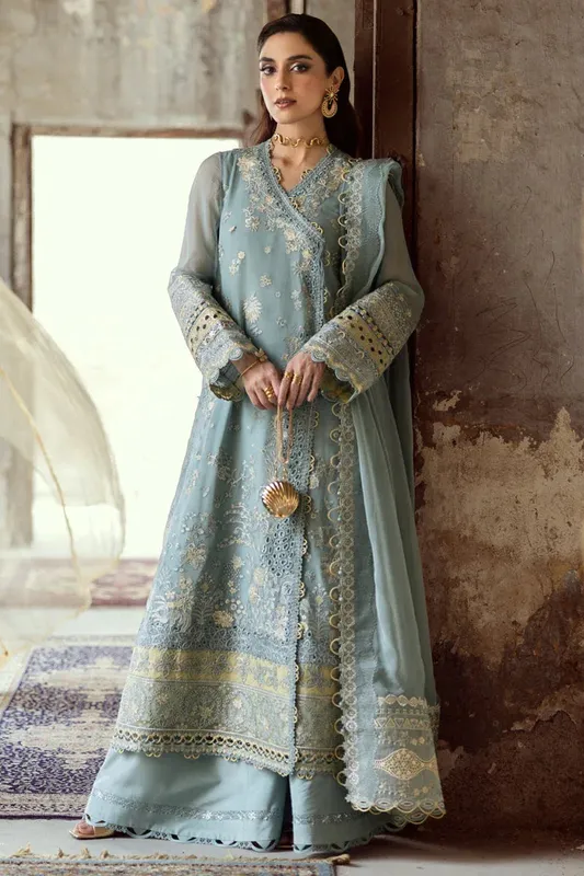 Qalamkar Chiffon Edit aqua blue Raw Silk – view 1 – Poshaq