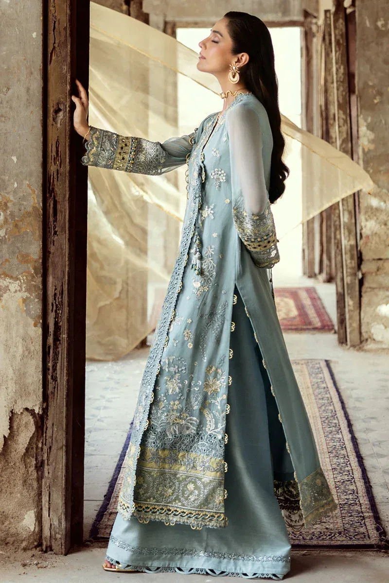 Qalamkar Chiffon Edit aqua blue Raw Silk – view 2 – Poshaq