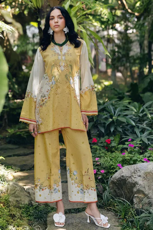 Qalamkar Printed Co Ords 25 Pale Yellow Cotton Silk – view 1 – Poshaq