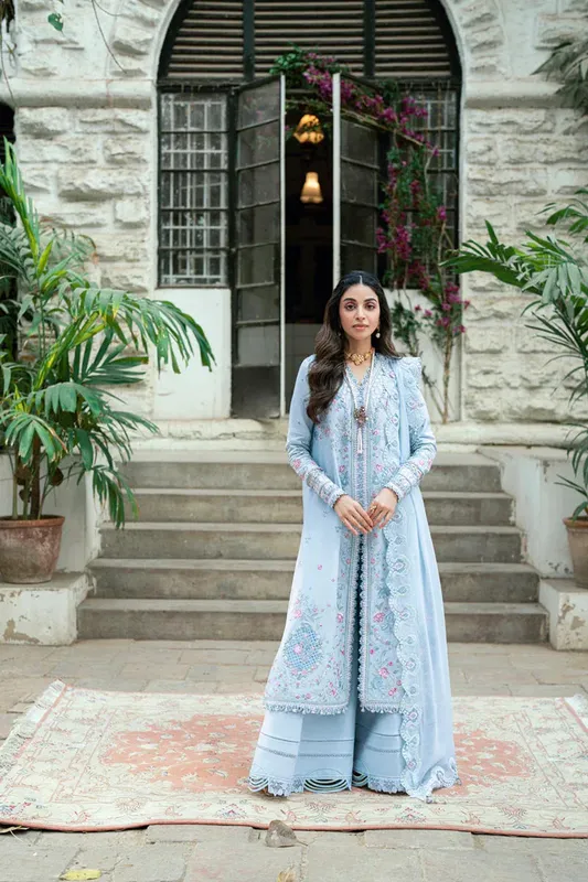 Qalamkar Luxury Lawn Eid Edit Light Blue Chiffon – view 1 – Poshaq