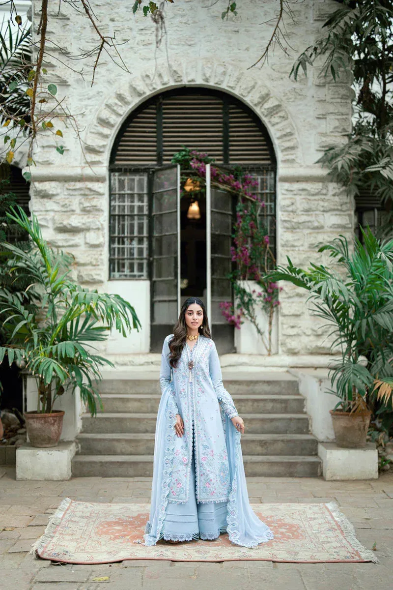 Qalamkar Luxury Lawn Eid Edit Light Blue Chiffon – view 3 – Poshaq