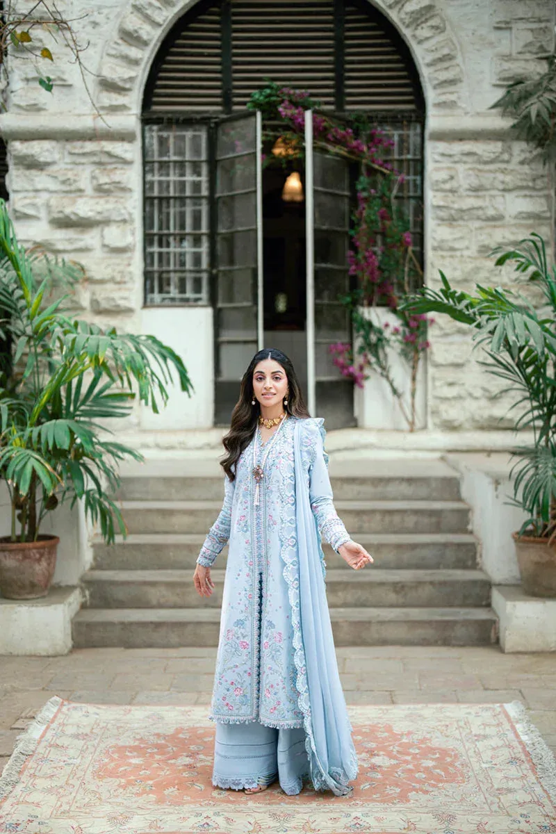 Qalamkar Luxury Lawn Eid Edit Light Blue Chiffon – view 4 – Poshaq