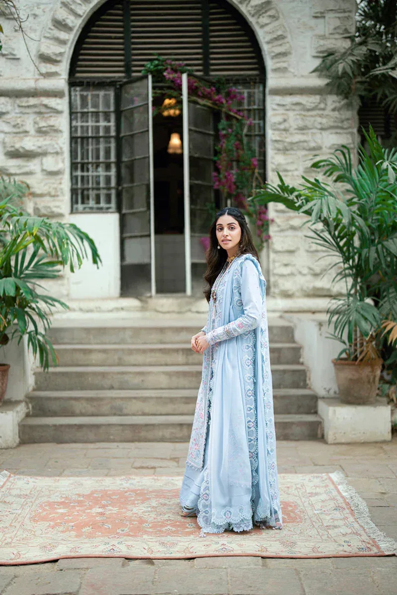Qalamkar Luxury Lawn Eid Edit Light Blue Chiffon – view 5 – Poshaq