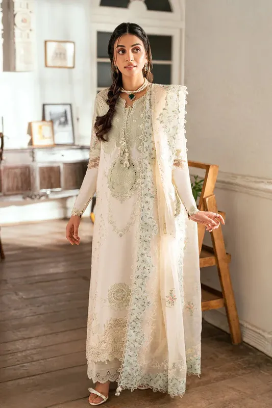 Qalamkar Luxury Lawn Eid Edit Ivory Jacquard – view 1 – Poshaq