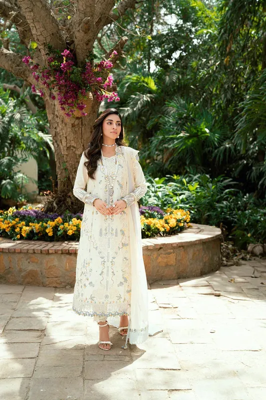 Qalamkar Luxury Lawn Eid Edit Ivory Chiffon – view 1 – Poshaq