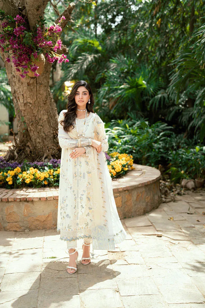 Qalamkar Luxury Lawn Eid Edit Ivory Chiffon – view 4 – Poshaq