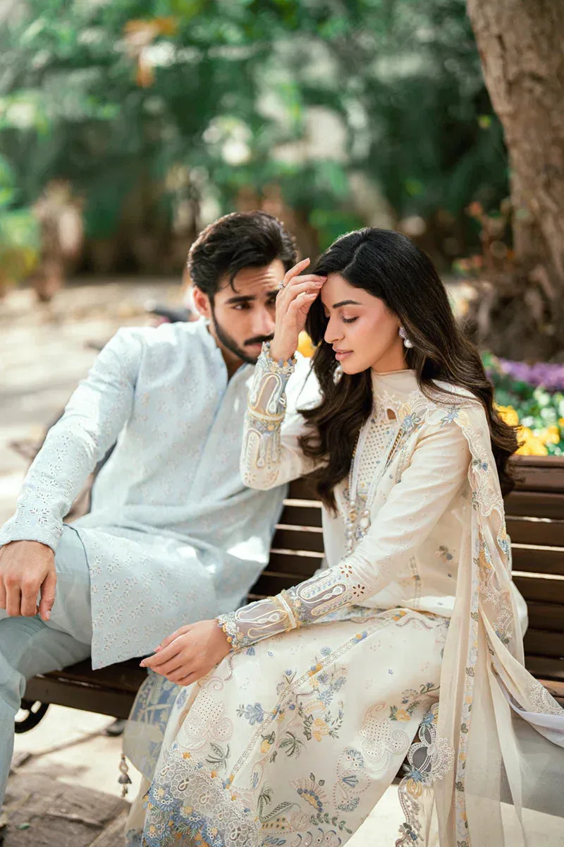 Qalamkar Luxury Lawn Eid Edit Ivory Chiffon – view 6 – Poshaq