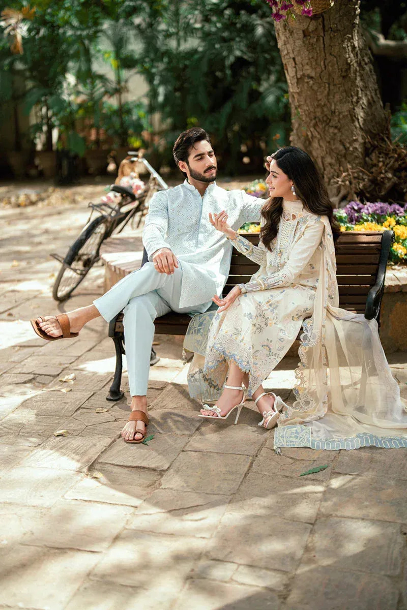 Qalamkar Luxury Lawn Eid Edit Ivory Chiffon – view 7 – Poshaq