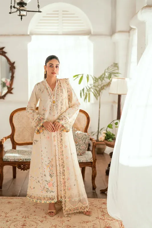 Qalamkar Luxury Lawn Eid Edit Ivory Chiffon – view 1 – Poshaq