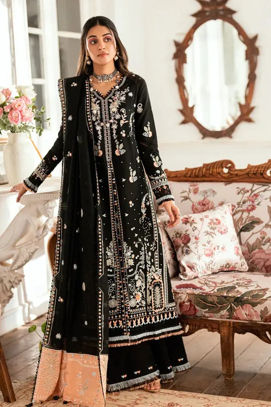 Qalamkar Luxury Lawn Eid Edit Black Jacquard – view 1 – Poshaq