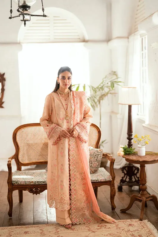 Qalamkar Luxury Lawn Eid Edit Pale Peach Jacquard – view 1 – Poshaq