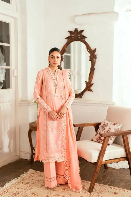 Qalamkar Luxury Lawn Eid Edit Peach Pink Jacquard – view 1 – Poshaq