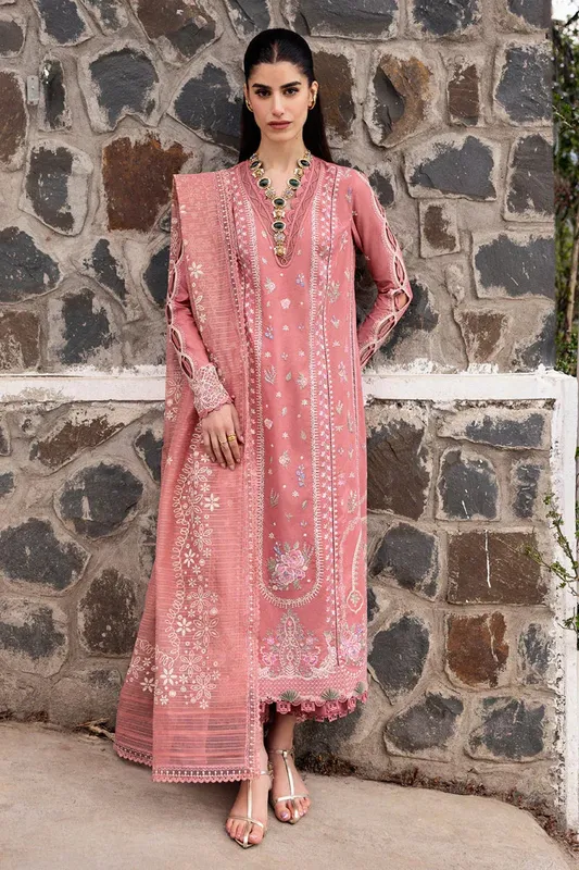Qalamkar Qlinekari Lawn Salmon Pink Jacquard – view 1 – Poshaq