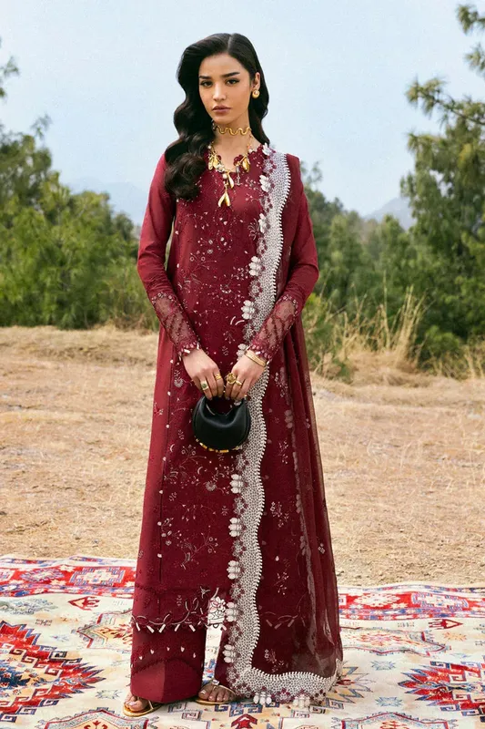 Qalamkar Qlinekari Lawn Maroon Chiffon – view 1 – Poshaq