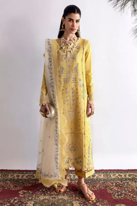 Qalamkar Qlinekari Lawn Yellow Lawn – view 1 – Poshaq