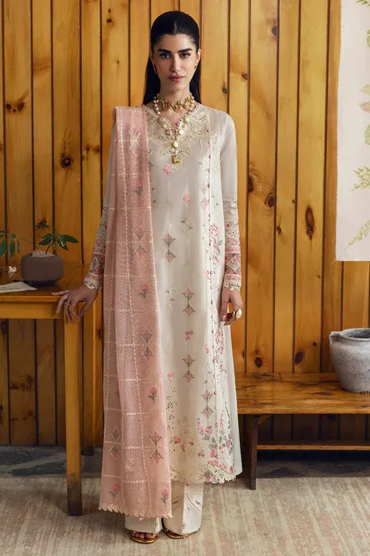 Qalamkar Qlinekari Lawn Off White Silk – view 1 – Poshaq