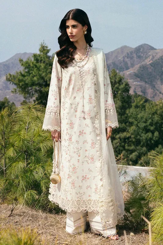 Qalamkar Qlinekari Lawn White Chiffon – view 1 – Poshaq